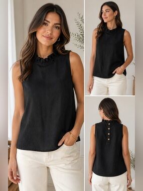✨J. Crew Linen Ruffle-Neck Sleeveless Blouse Black Size S